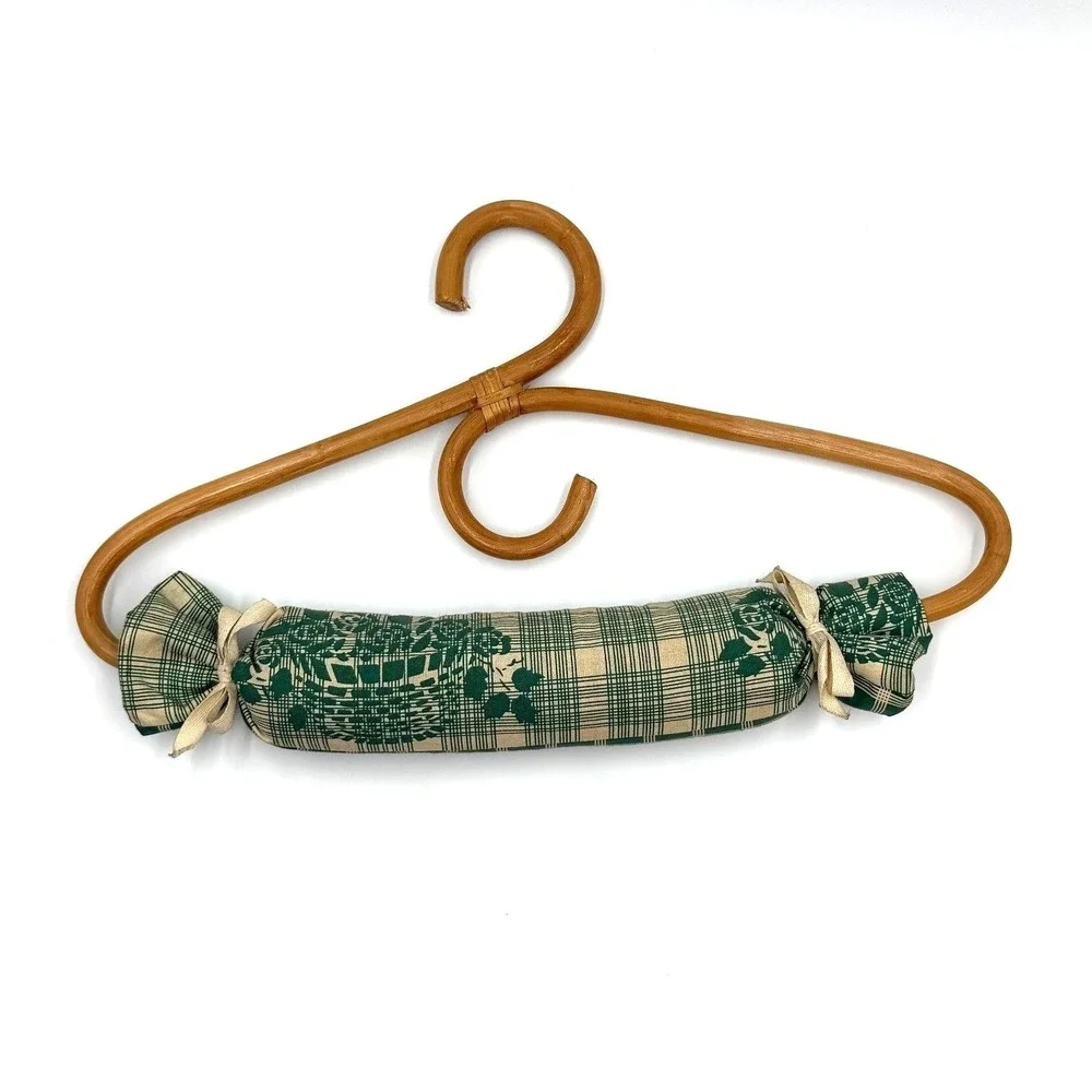 Vintage Rattan Clothes Hanger Padded Bar Green Plaid‎ Candy Wrapper Style Decor